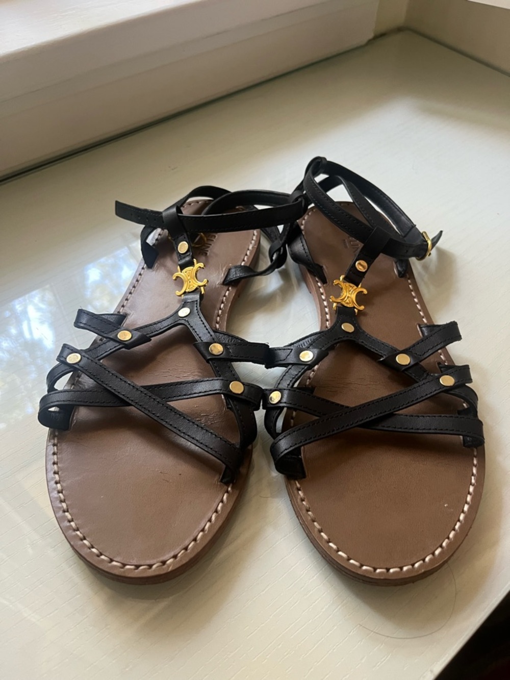 Celine Black Leather Strappy Sandals with Gold Emblem